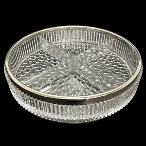 Vintage 1950s Bleikristall England Lead Crystal Divided Relish Dish Chrome Rim